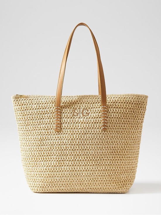 Mark & Graham Handbags - Mark & Graham Stinson Straw Zip-Top Tote with Tan Leather Handles